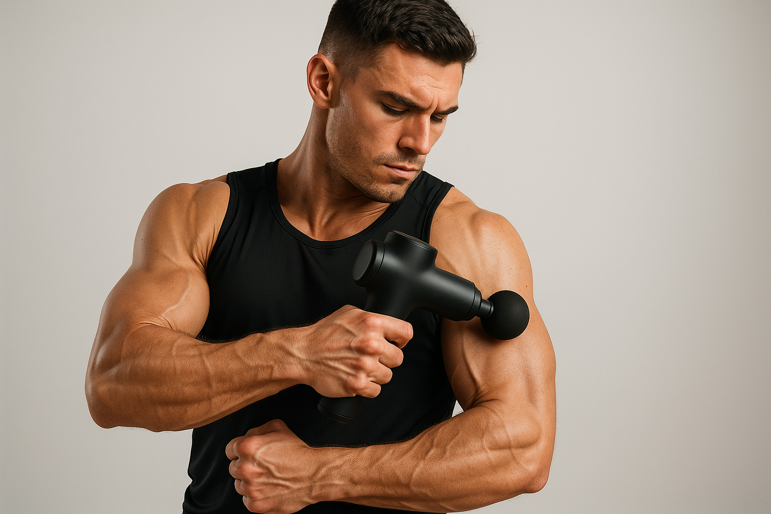 Big muscle man using massage gun